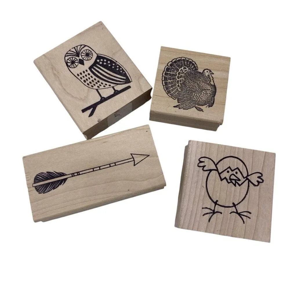 Paper Source Rubber Stamp Lot of 4 Wood Mounted Owl Arrow Turkey Chick in Egg